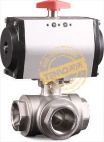 裝配GT執(zhí)行器內(nèi)螺紋氣動三通球閥實(shí)物圖